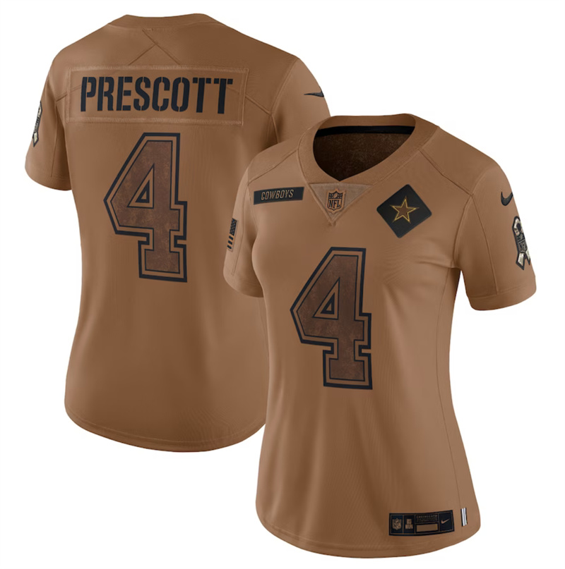Women's Dallas Cowboys #4 Dak Prescott 2023 Brown Salute To Service Limited Stitched Football Jersey(Run Small)
