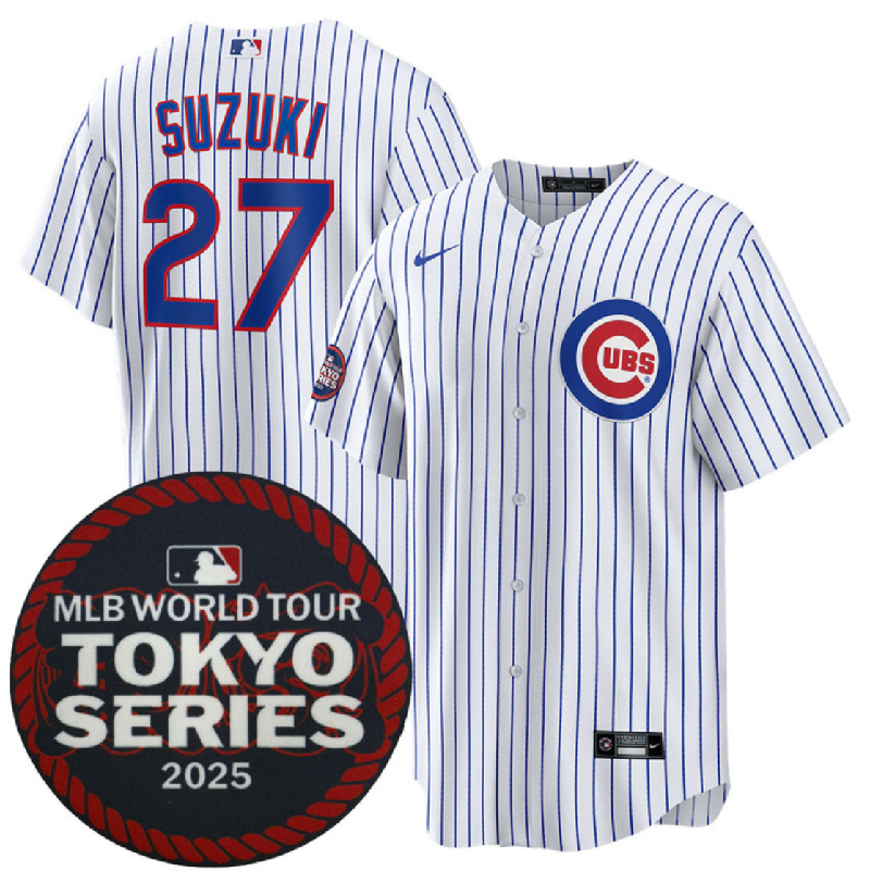 Men's Chicago Cubs #27 Seiya Suzuki White 2025 World Tour: Tokyo Series Home Stitched Baseball Jersey