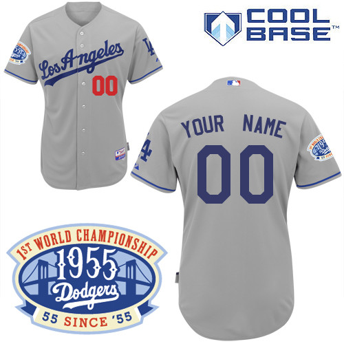 Dodgers Personalized Authentic Grey w/1955 World Series Anniversary Patch MLB Jersey (S-3XL)