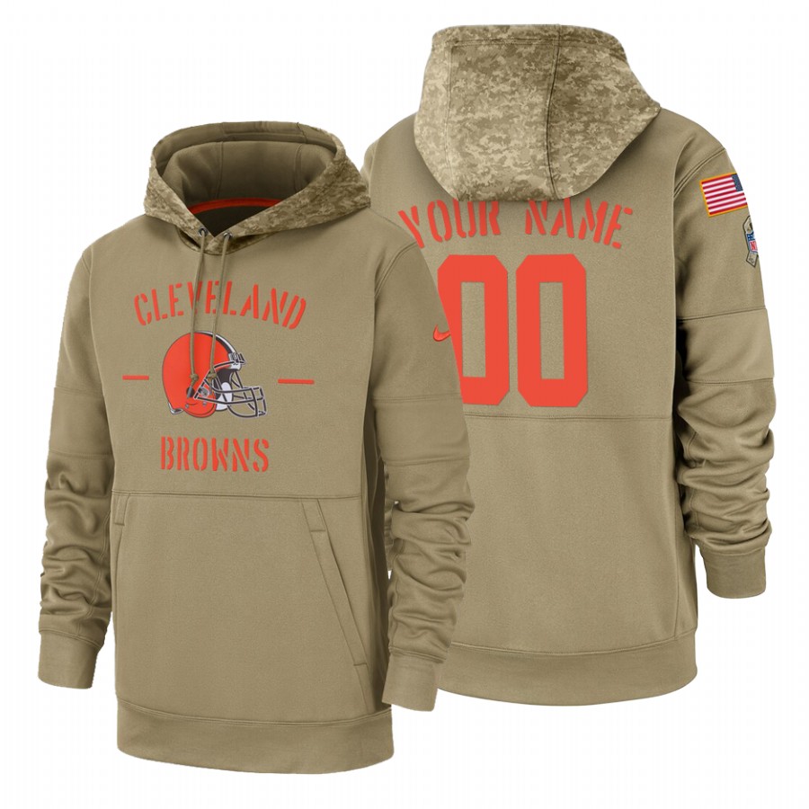 Men's Cleveland Browns Customized Tan 2019 Salute To Service Sideline Therma Pullover Hoodie