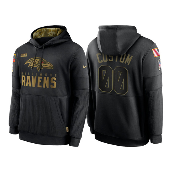 Men's Baltimore Ravens Black 2020 Customize Salute to Service Sideline Therma Pullover Hoodie