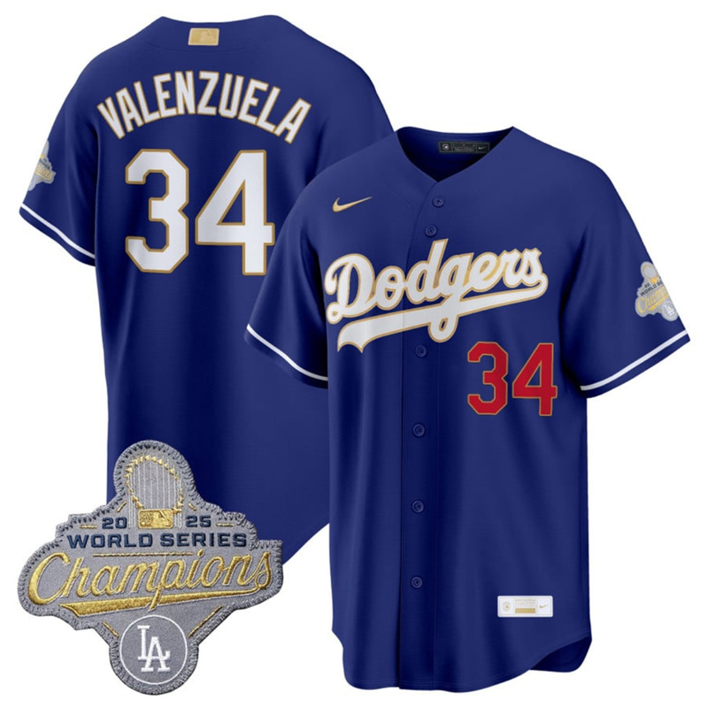 Men's Los Angeles Dodgers #34 Fernando Valenzuela Royal 2026 Alternate Gold Collection Stadium Stitched Baseball Jerse Men's Los Angeles Dodgers #34 Fernando Valenzuela Royal 2026 Alternate Gold Collection Stadium Stitched Baseball Jerse