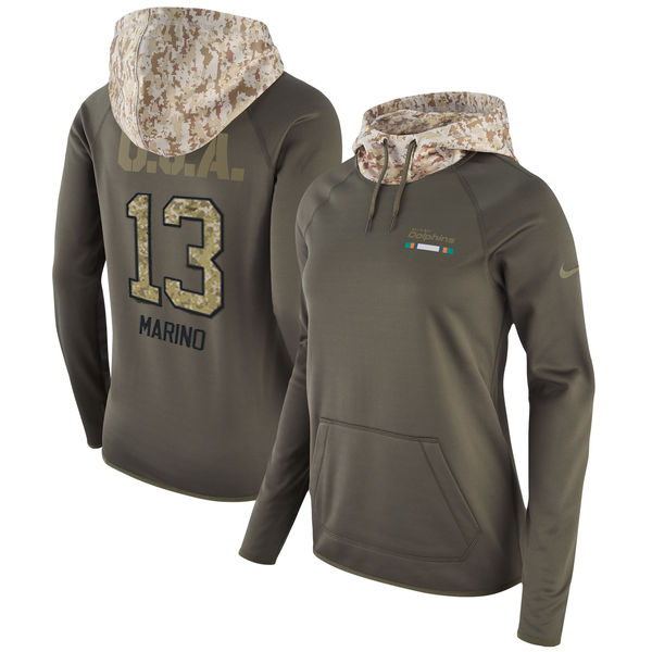 Women's Miami Dolphins #13 Dan Marino Olive Salute to Service Sideline Therma Pullover Hoodie