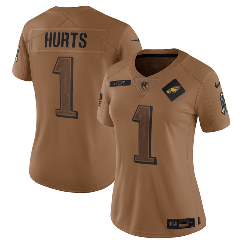 Women's Philadelphia Eagles #1 Jalen Hurts 2023 Brown Salute To Service Limited Stitched Football Jersey(Run Small)