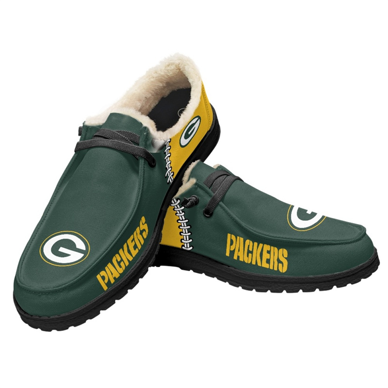 Men's Green Bay Packers Loafers Lace Up Fuzzy Lined Shoes 002 (Pls check description for details)
