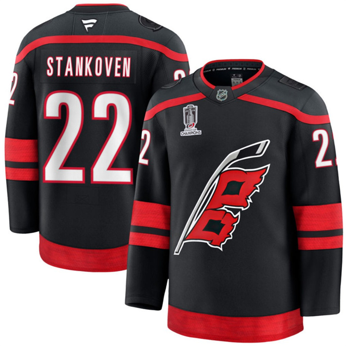 Men's Carolina Hurricanes #22 Logan Stankoven Black 2026 Stanley Cup Champions Home Stitched Hockey Jersey