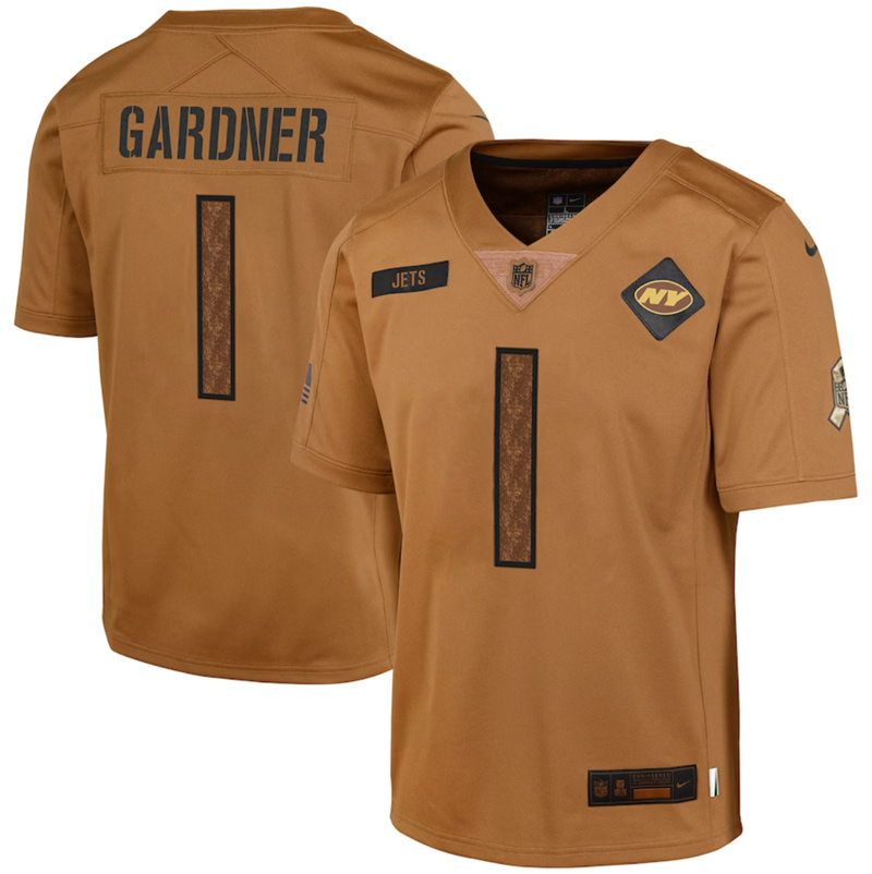 Youth New York Jets #1 Sauce Gardner 2023 Brown Salute To Service Limited Stitched Football Jersey