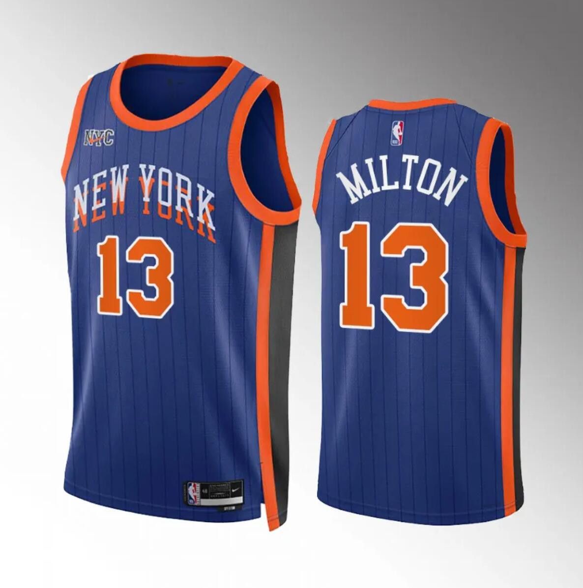 Men's New Yok Knicks #13 Shake Milton Blue 2023/24 City Edition Stitched Basketball Jersey