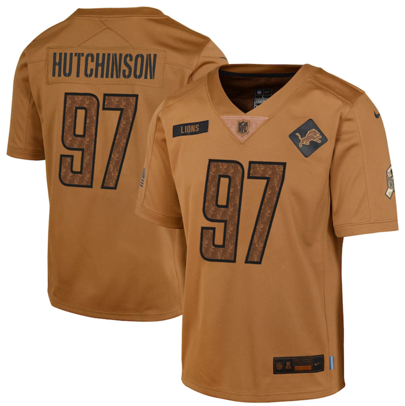 Youth Detroit Lions #97 Aidan Hutchinson 2023 Brown Salute To Service Limited Stitched Football Jersey