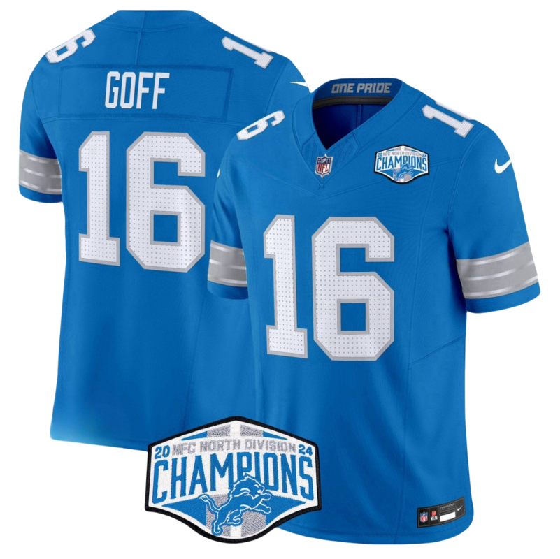Men's Detroit Lions #16 Jared Goff Blue 2024 NFC North Champions F.U.S.E. Vapor Limited Stitched Jersey