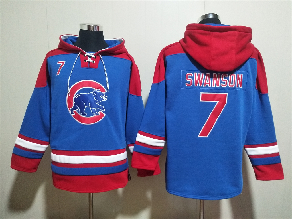 Men's Chicago Cubs #7 Dansby Swanson Royal/Red Ageless Must-Have Lace-Up Pullover Hoodie
