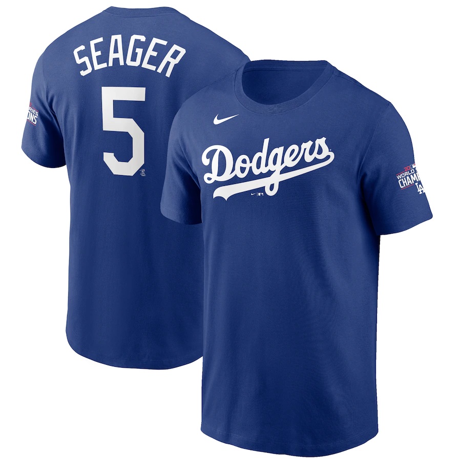 Men's Los Angeles Dodgers #5 Corey Seager Blue 2020 World Series Champions T-Shirt