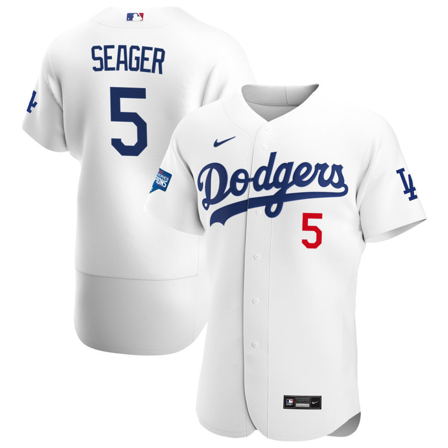 Men's Los Angeles Dodgers #5 Corey Seager White 2020 World Series Champions Patch MLB Sttiched Jersey