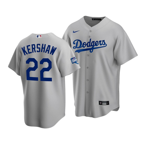 Men's Los Angeles Dodgers #22 Clayton Kershaw Grey 2020 World Series Champions Home Patch Cool Base Stitched MLB Jersey
