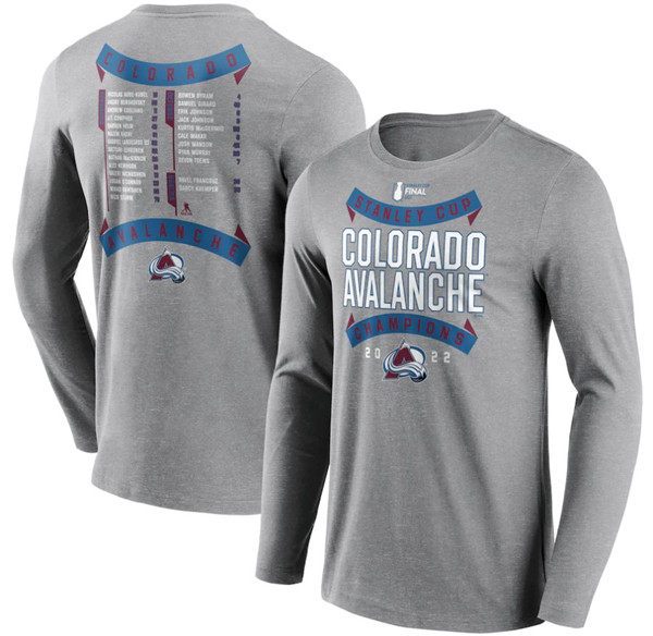 Men's Colorado Avalanche Grey 2022 Stanley Cup Champions Back Check Multi-Hit Long Sleeve T-Shirt