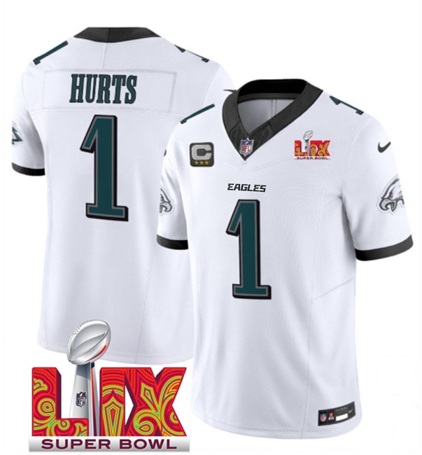 Men's Philadelphia Eagles #1 Jalen Hurts White F.U.S.E. 24/25 Super Bowl LIXWith 4-Star C Patch Vapor Untouchable Limited Stitched Football Jersey