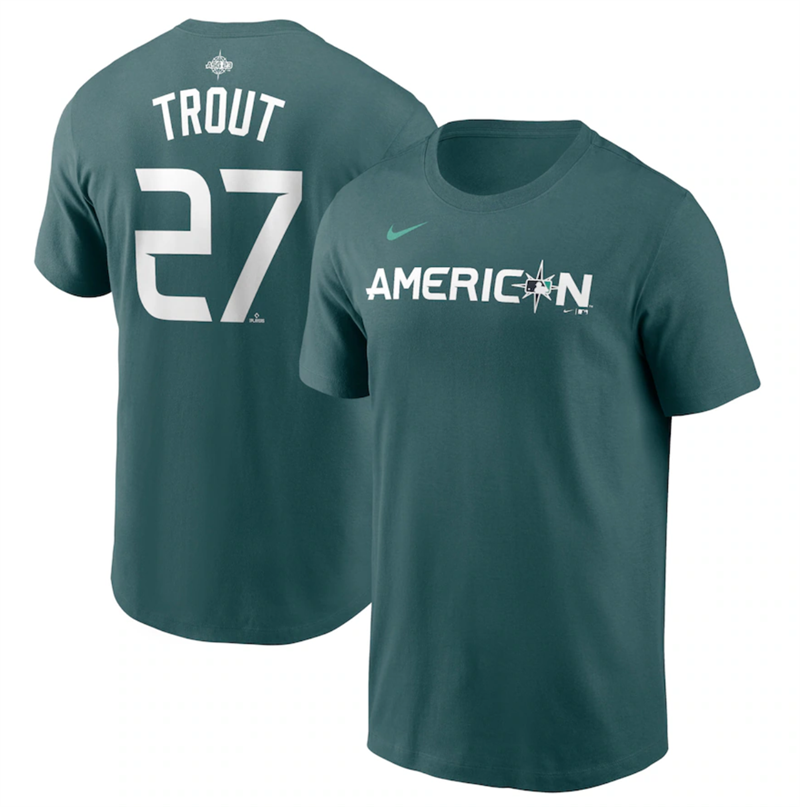 Men's Los Angeles Angels #27 Mike Trout Teal 2023 All-star Name & Number T-Shirt