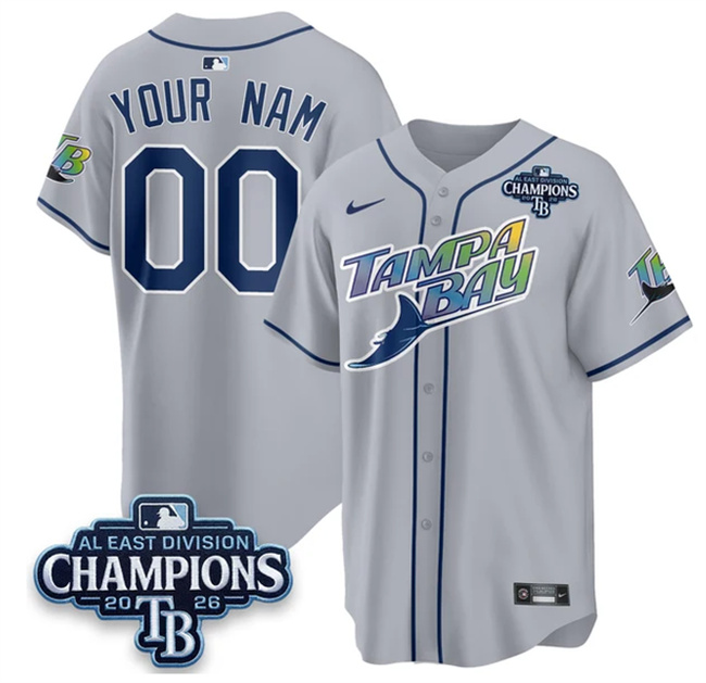 Men's Tampa Bay Rays ACTIVE PLAYER Custom Gray 2026 AL East Champions Patch Limited Stitched Baseball Jersey Men's Tampa Bay Rays ACTIVE PLAYER Custom Gray 2026 AL East Champions Patch Limited Stitched Baseball Jersey