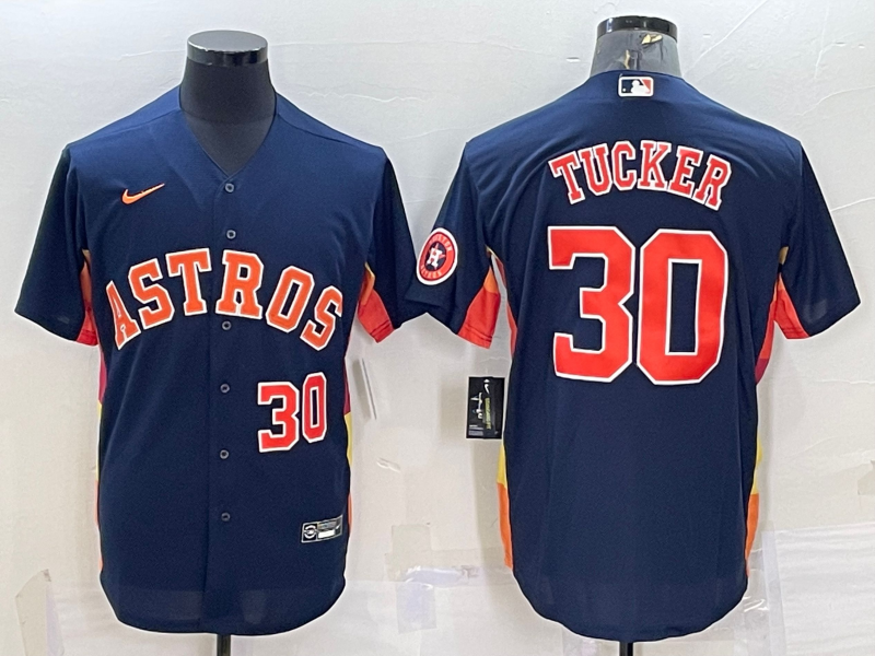 Men's Houston Astros #30 Kyle Tucker Navy With Path Cool Base Stitched Jersey