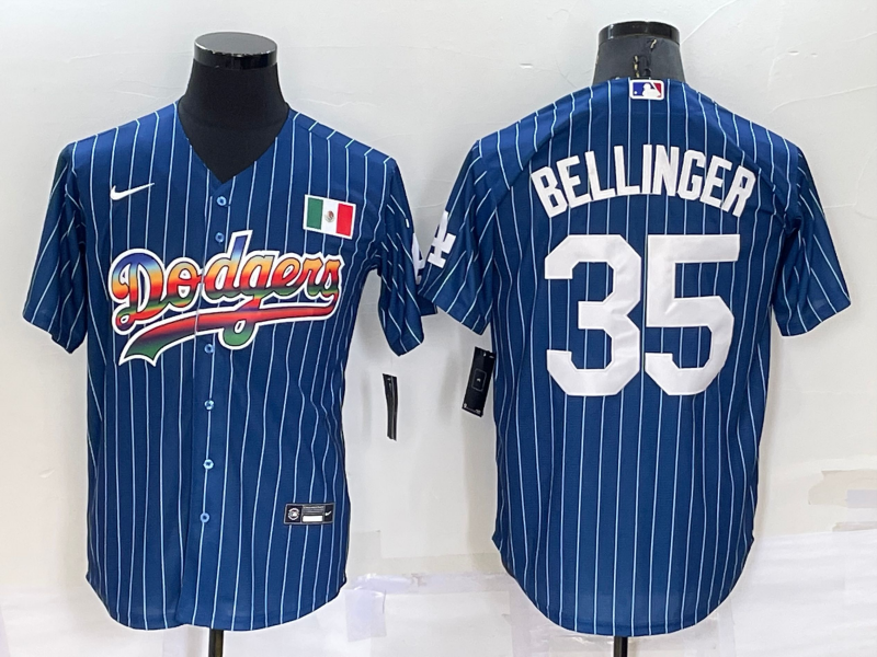 Men's Los Angeles Dodgers #35 Cody Bellinger Navy Mexico Rainbow Cool Base Stitched Baseball Jersey