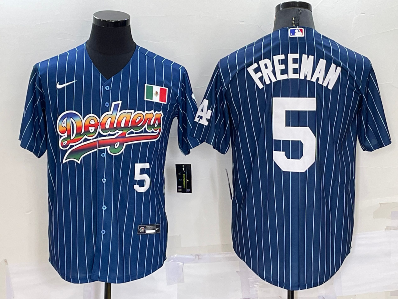 Men's Los Angeles Dodgers #5 Freddie Freeman Navy Mexico Rainbow Cool Base Stitched Baseball Jersey