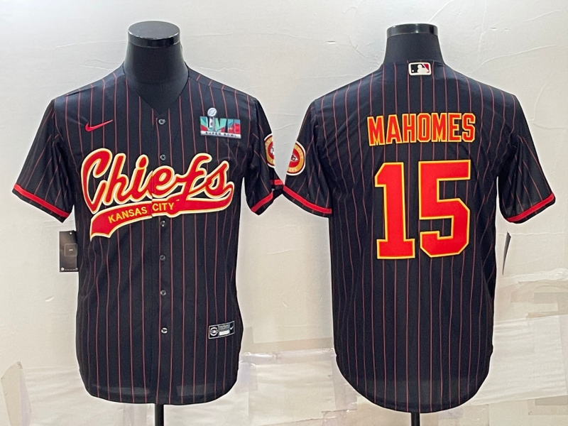 Men's Kansas City Chiefs #15 Patrick Mahomes Black With Super Bowl LVII Patch Cool Base Stitched Baseball Jersey