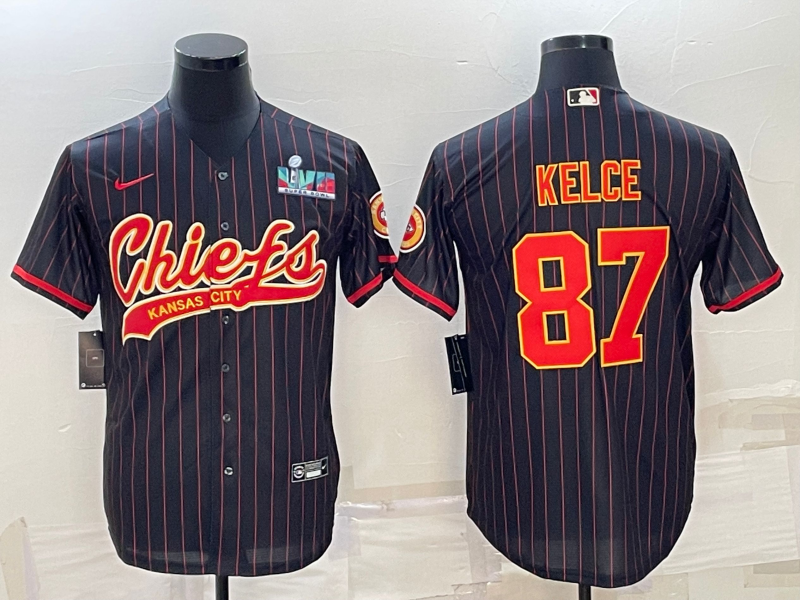 Men's Kansas City Chiefs #87 Travis Kelce Black With Super Bowl LVII Patch Cool Base Stitched Baseball Jersey