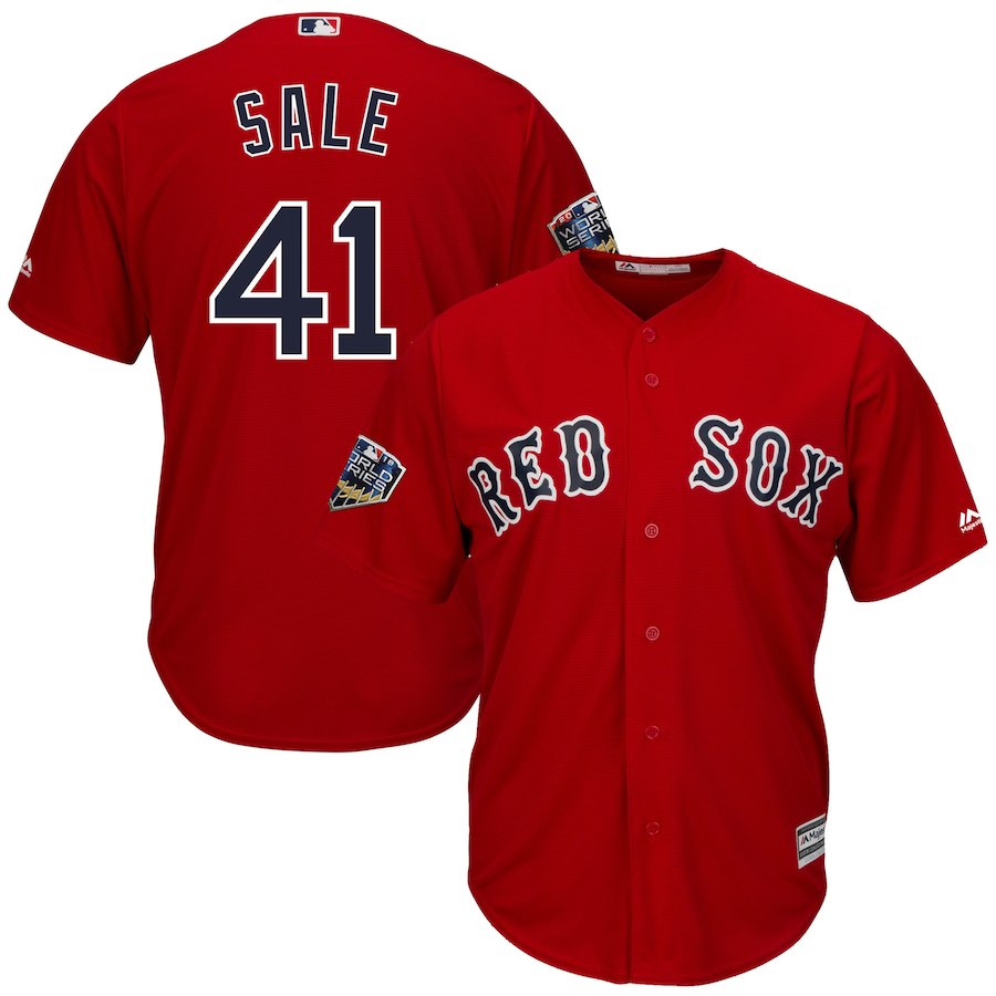Men's Boston Red Sox #41 Chris Sale Majestic Scarlet 2018 World Series Champions Team Logo Player Stitched MLB Jersey