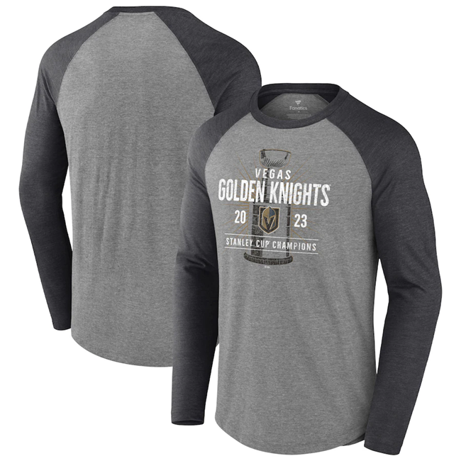 Men's Vegas Golden Knights Heather Gray 2023 Stanley Cup Champions Shootout Long Sleeve Tri-Blend Raglan T-Shirt