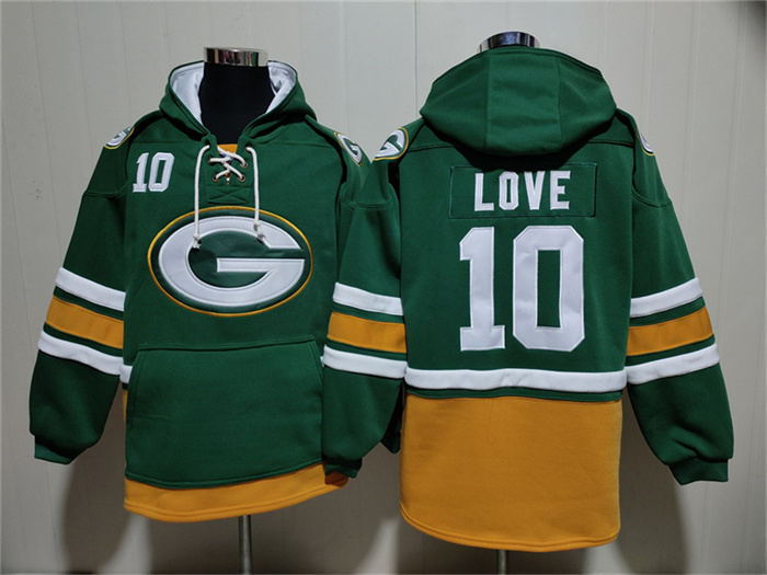 Men's Green Bay Packers #10 Jordan Love Green Lace-Up Pullover Hoodie