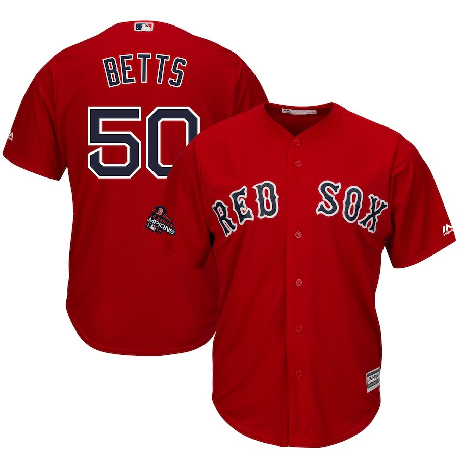 Men's Boston Red Sox #50 Mookie Betts Majestic Scarlet 2018 World Series Champions Team Logo Player Stitched MLB Jersey