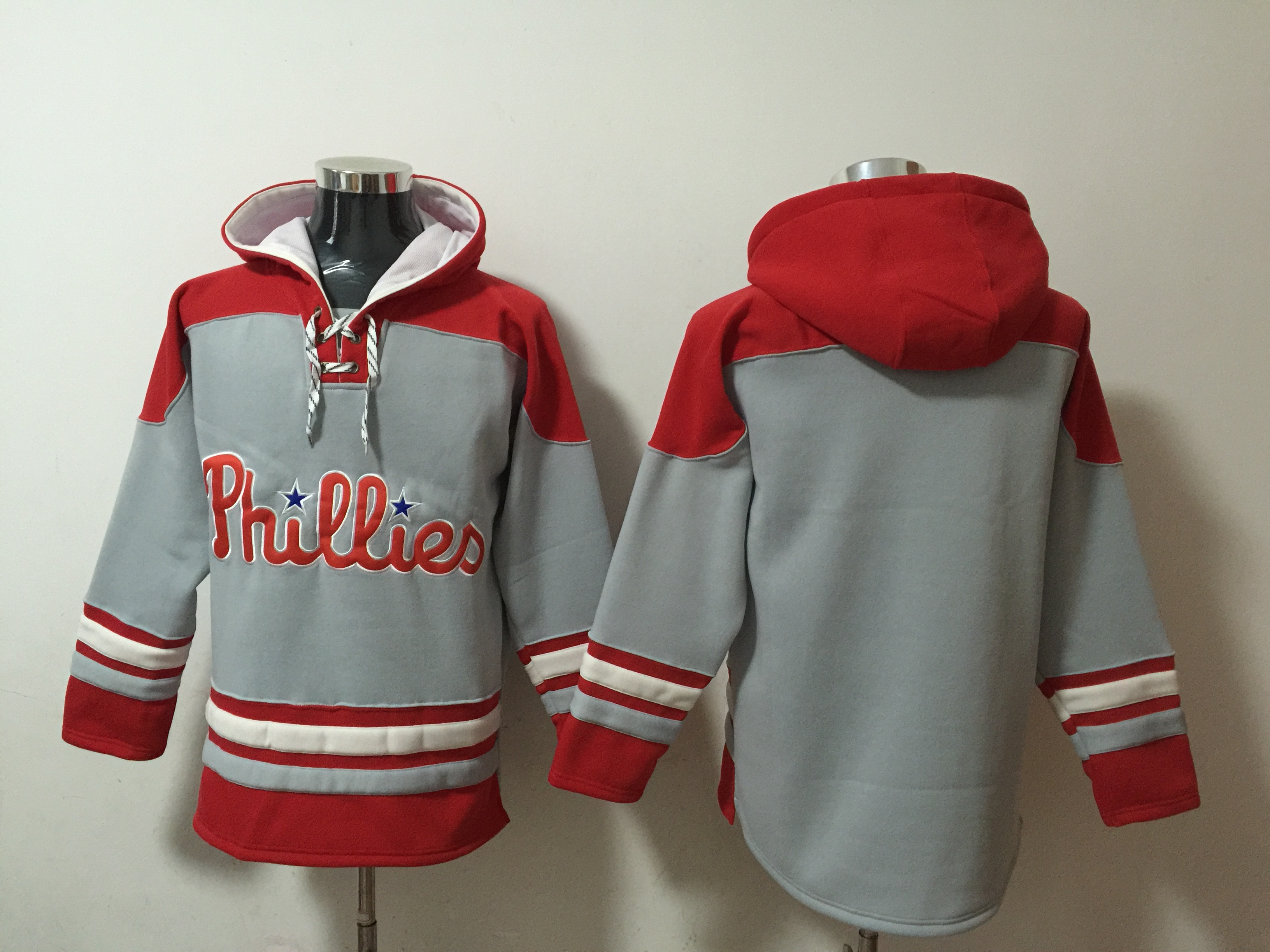 Men's Philadelphia Phillies #3 Bryce Harper Grey/Red Ageless Must-Have Lace-Up Pullover Hoodie