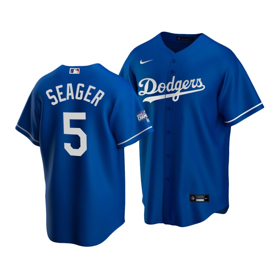 Men's Los Angeles Dodgers #5 Corey Seager Royal bule 2020 World Series Champions Home Patch Cool Base Stitched MLB Jersey