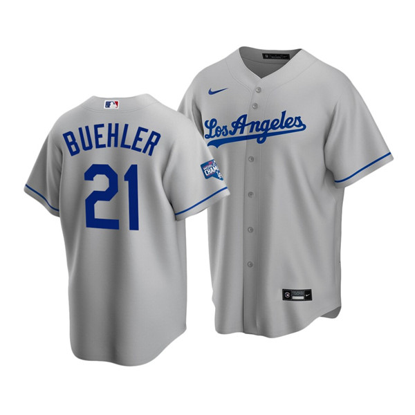 Men's Los Angeles Dodgers #21 Walker Buehler Grey 2020 World Series Champions Home Patch Cool Base Stitched MLB Jersey