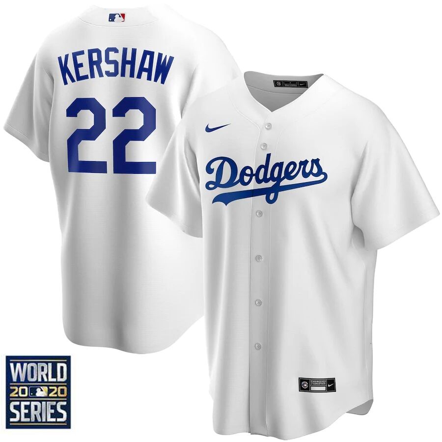 Men's Los Angeles Dodgers #22 Clayton Kershaw White 2020 World Series Bound stitched MLB Jersey