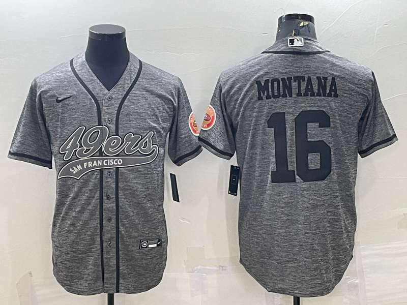 Men's San Francisco 49ers #16 Joe Montana Grey With Patch Cool Base Stitched Baseball Jersey