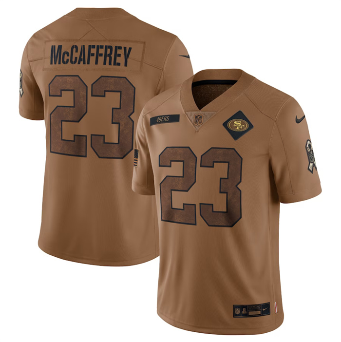 Men's San Francisco 49ers #23 Christian McCaffrey 2023 Brown Salute To Service Limited Football Jersey