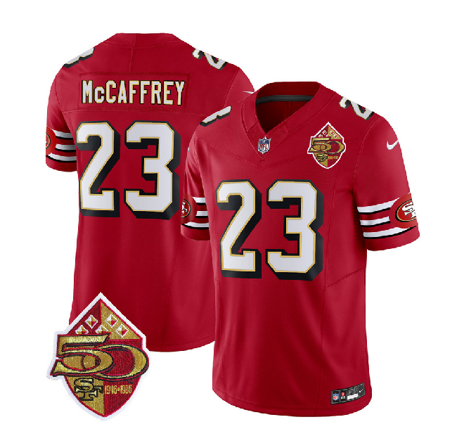 Men's San Francisco 49ers #23 Christian McCaffrey Red 2023 F.U.S.E. 50th Patch Throwback Stitched Football Jersey