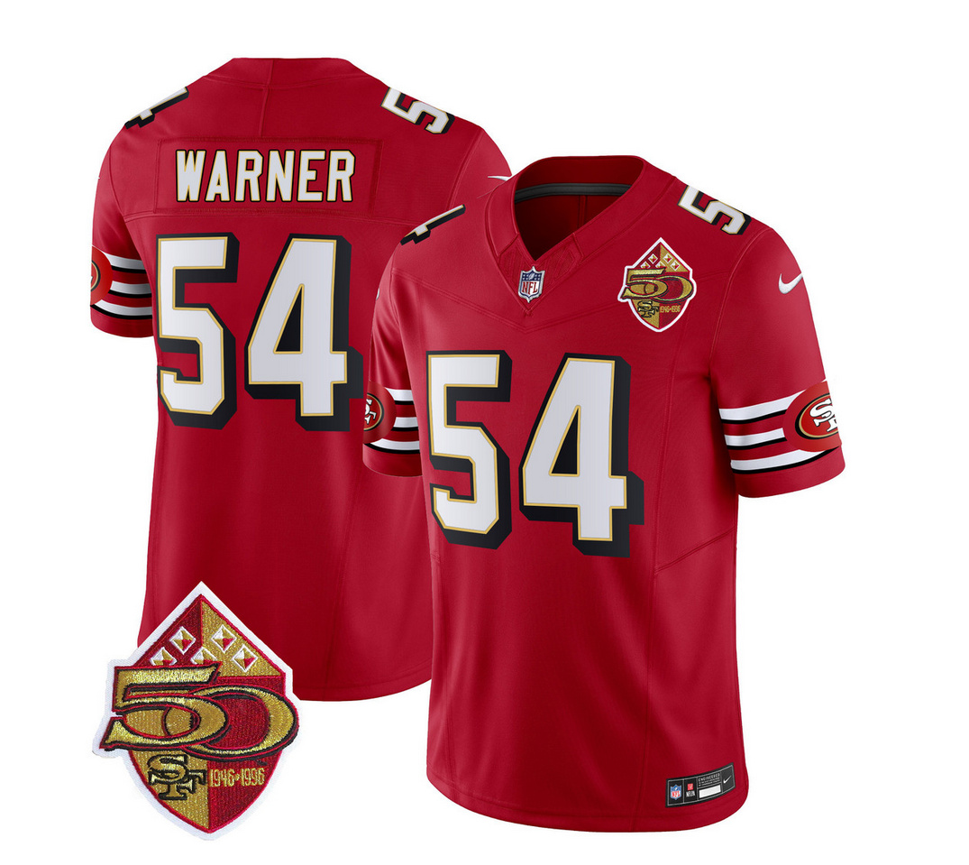 Men's San Francisco 49ers #54 Fred Warner Red 2023 F.U.S.E. 50th Patch Throwback Stitched Football Jersey