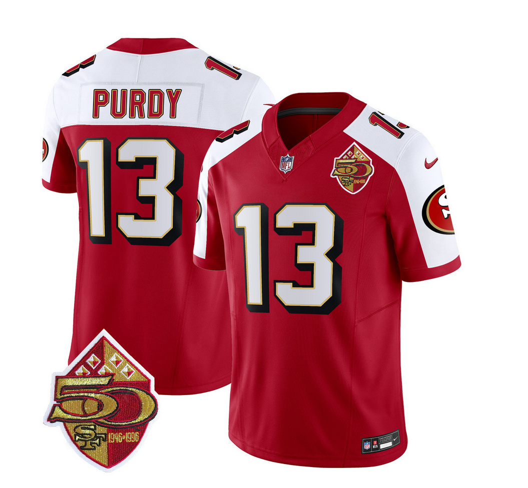 Men's San Francisco 49ers #13 Brock Purdy Red/White 2023 F.U.S.E. 50th Patch Throwback Stitched Football Jersey