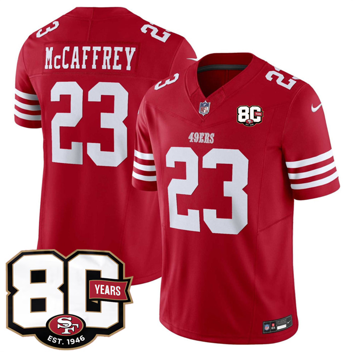 Men's San Francisco 49ers #23 Christian McCaffrey Red 80th Anniversary Patch 2026 F.U.S.E. Vapor Untouchable Limited Stitched Football Jersey