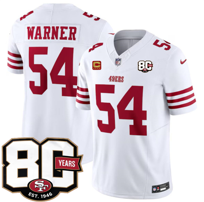 Men's San Francisco 49ers #54 Fred Warner White 80th Anniversary Patch And 4-Star C Patch 2026 F.U.S.E. Vapor Untouchable Limited Stitched Football Jersey Men's San Francisco 49ers #54 Fred Warner White 80th Anniversary Patch And 4-Star C Patch 2026 F.U.S.E. Vapor Untouchable Limited Stitched Football Jersey