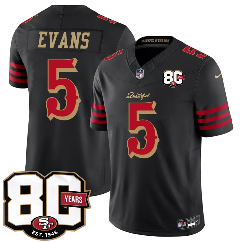 Men's San Francisco 49ers #5 Mike Evans Black 80th Anniversary Patch “Rivalries” 2026 F.U.S.E. Vapor Untouchabl Limited Stitched Football Jersey