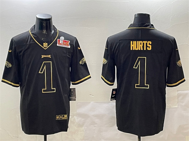 Men's Philadelphia Eagles #1 Jalen Hurts Black/Gold 2025 Super Bowl LIX Patch Salute To Service Vapor Untouchable Limited Stitched Football Jersey