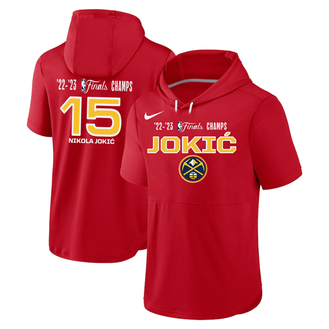 Men's Denver Nuggets #15 Nikola Jokic Red Performance Short Sleeve Pullover Hoodie