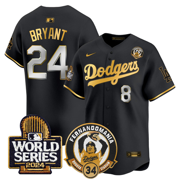 Men's Los Angeles Dodgers Front #8 Back #24 Kobe Bryant Black Gold Fernando Valenzuela & 2024 World Series Patch Limited Stitched Baseball Jersey Men's Los Angeles Dodgers Front #8 Back #24 Kobe Bryant Black Gold Fernando Valenzuela & 2024 World Series Patch Limited Stitched Baseball Jersey