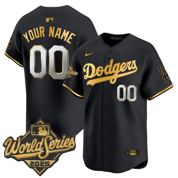 Men's Los Angeles Dodgers ACTIVE PLAYER Custom Black Gold 2025 World Series Gold Trim Vapor Premier Limited Stitched Baseball Jersey Men's Los Angeles Dodgers ACTIVE PLAYER Custom Black Gold 2025 World Series Gold Trim Vapor Premier Limited Stitched Baseball Jersey