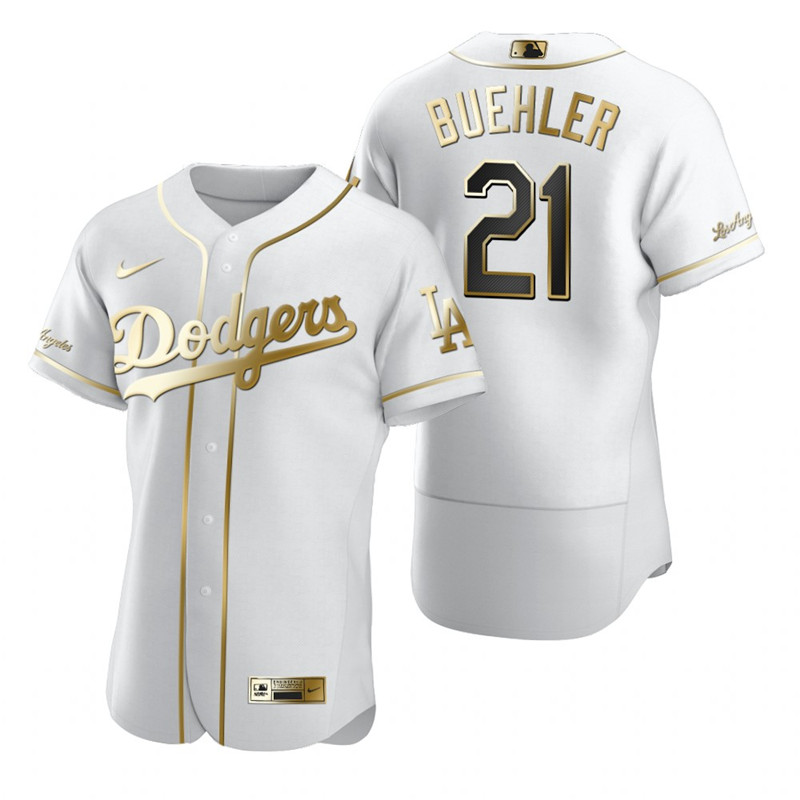 Men's Los Angeles Dodgers #21 Walker Buehler White Gold Edition Flex Base Stitched MLB Jersey