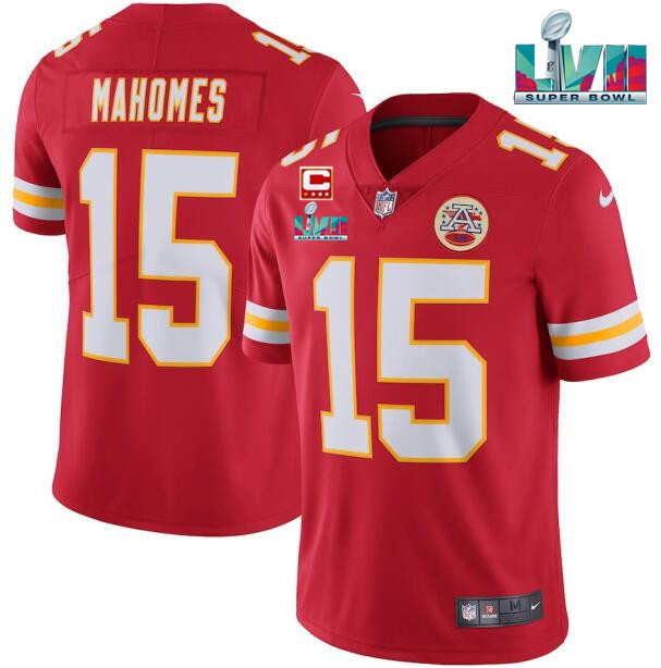 Men’s Kansas City Chiefs #15 Patrick Mahomes Red Super Bowl LVII Patch And 4-star C Patch Vapor Untouchable Limited Stitched Jersey