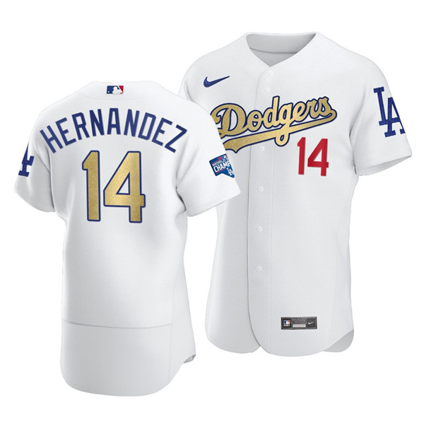 Men's Los Angeles Dodgers #14 Enrique Hernandez White Gold 2021 World Series Champions Patch Sttiched MLB Jersey